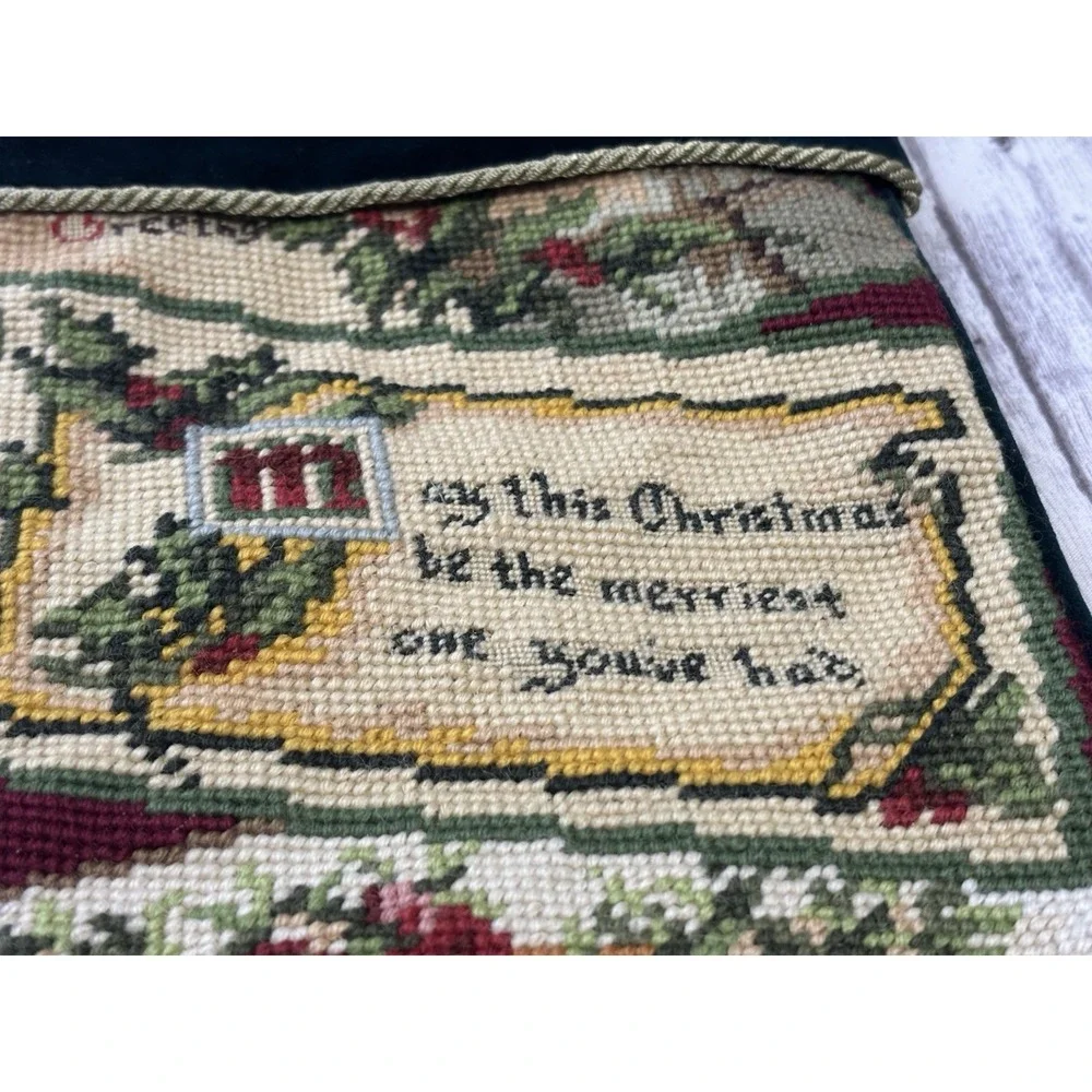Vintage Needlepoint Hand Embroidered Christmas Stocking Wool Velvet Car 20